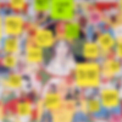 文章講座のジンブンアトラスで、題材の双六に参加者の気づきの付箋が貼られたボード（ぼかし処理済み）